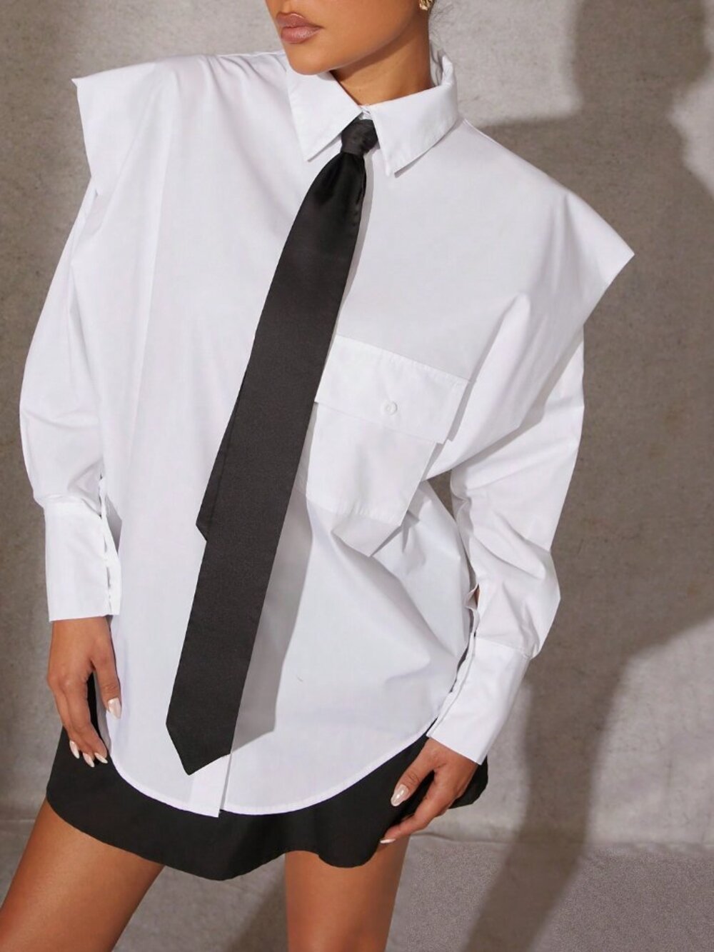 Black And White Casual Women's Tie Front Exaggerated Shoulder Shirt